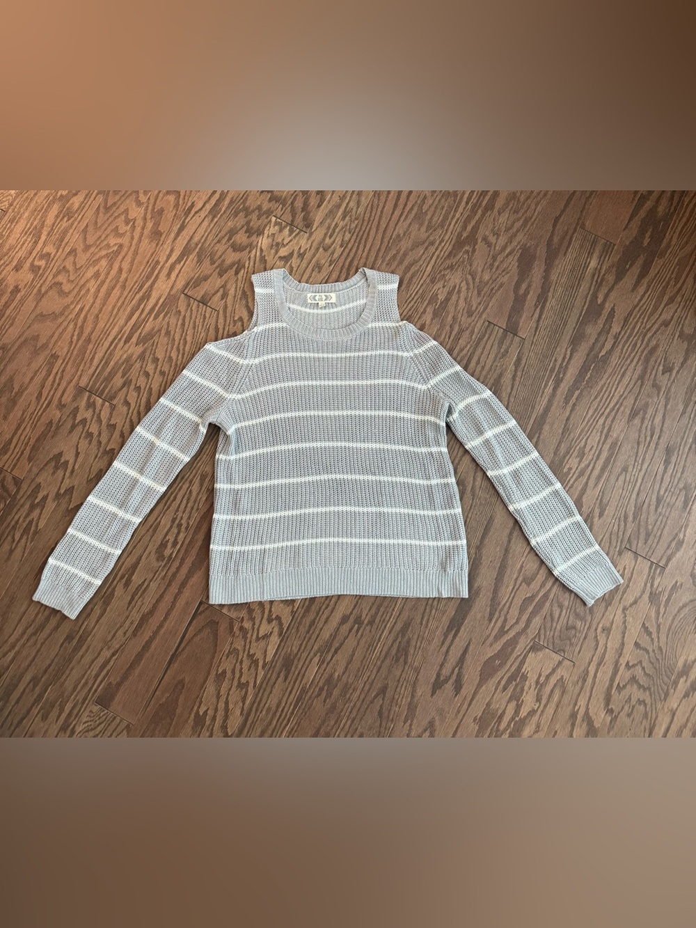 Pink Rose Gray & White Cold-Shoulder Striped Knit Sweater